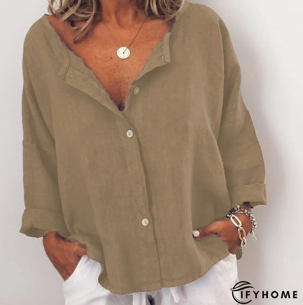 Women Casual Solid V Neck Cotton Long Sleeve Buttoned Tunic Top | IFYHOME