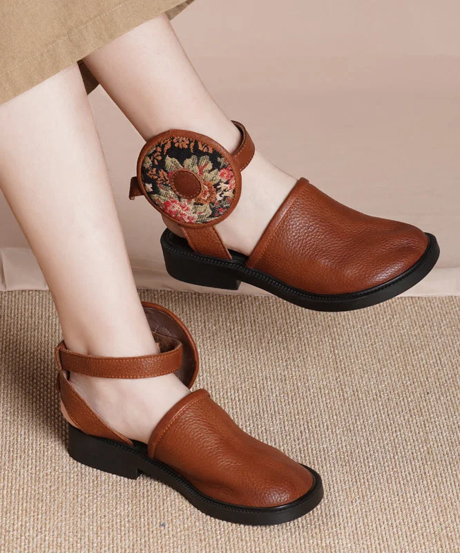 Soft Brown Cowhide Flower Splicing Leather Sandals