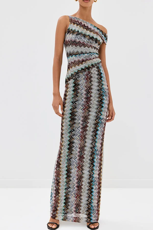 Cocktails and Vacation Knit Colorful Zigzag Pattern One Shoulder Slit Maxi Dress