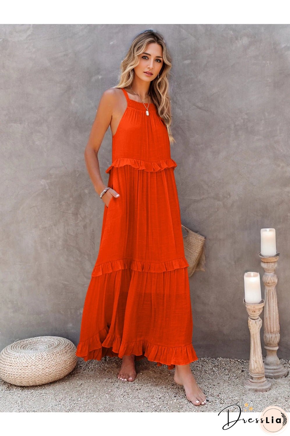 Ruffled Sleeveless Tiered Maxi Dress with Pockets