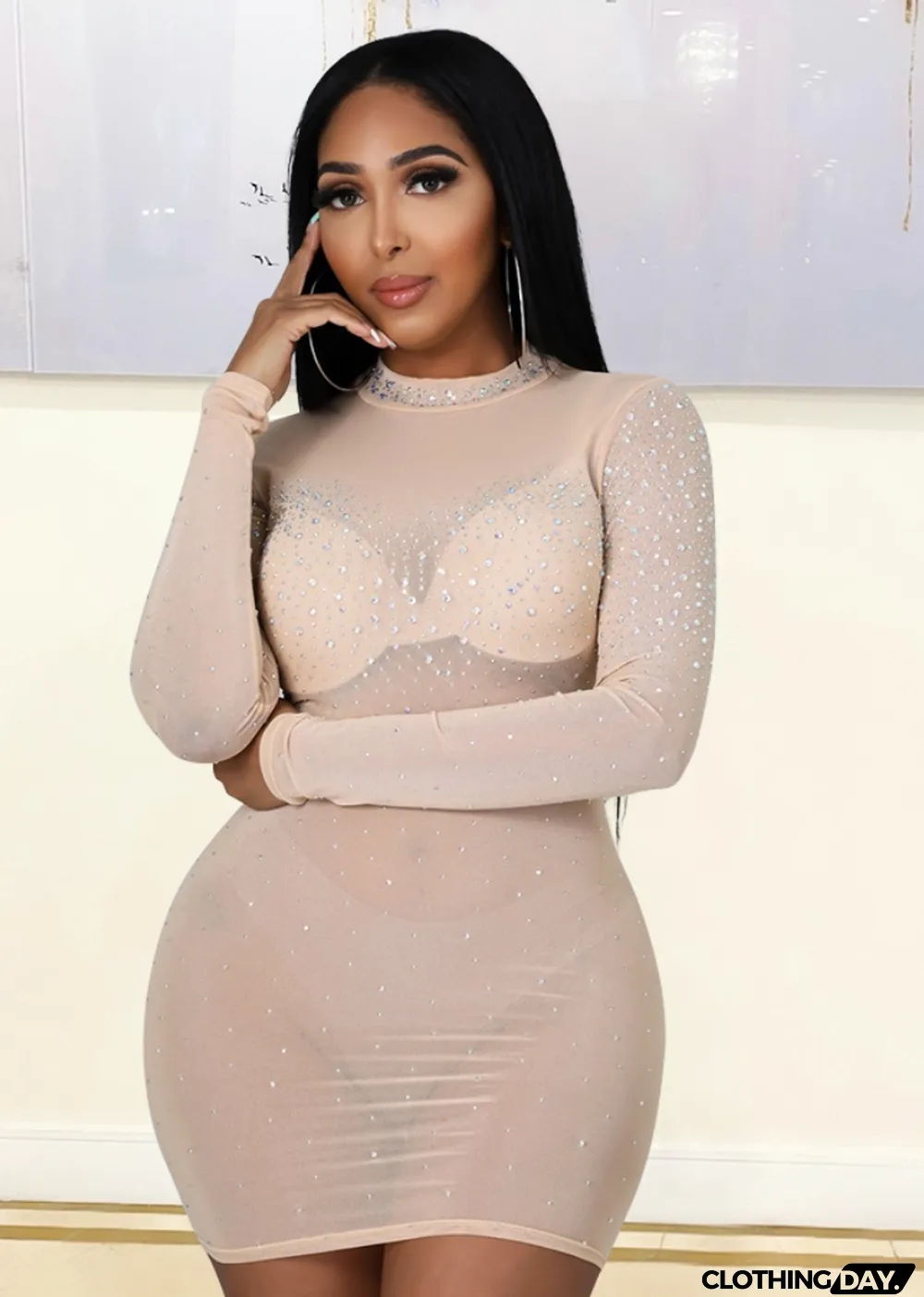 Fall Sexy Kahaki Rhinestone High Neck Long Sleeve Bodycon Dress