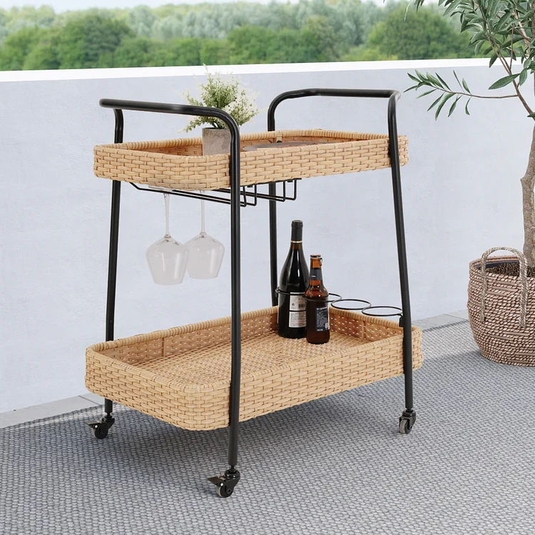 Outdoor & Indoor PE Wicker Steel 2-Tier Rolling Bar Beverage Cart