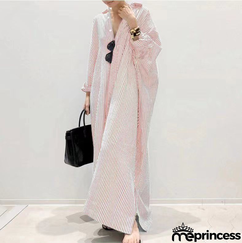 Women's Fashion Loose Stripe Print Large Size Maxi Dress