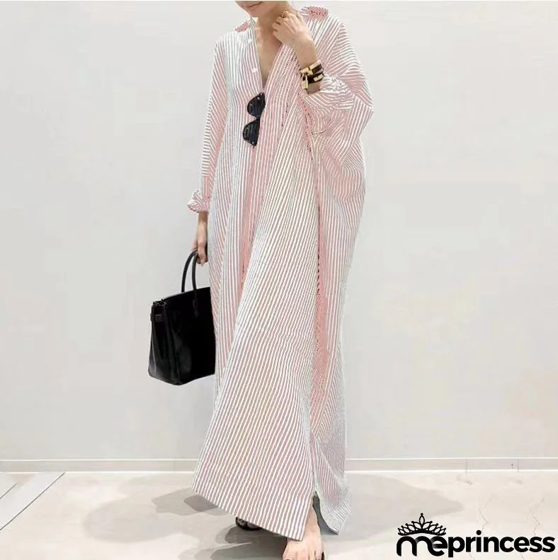 Women's Fashion Loose Stripe Print Large Size Maxi Dress