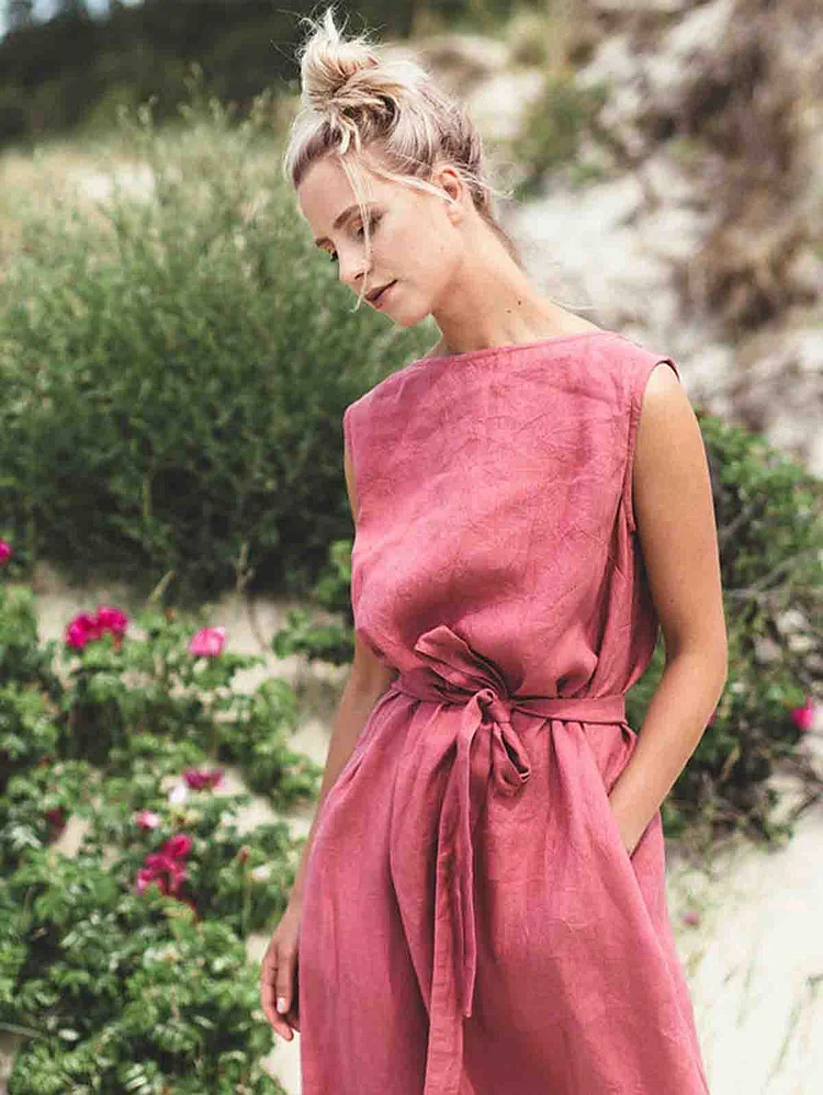 watermelon dress  Back V neck linen dress - Summer dress