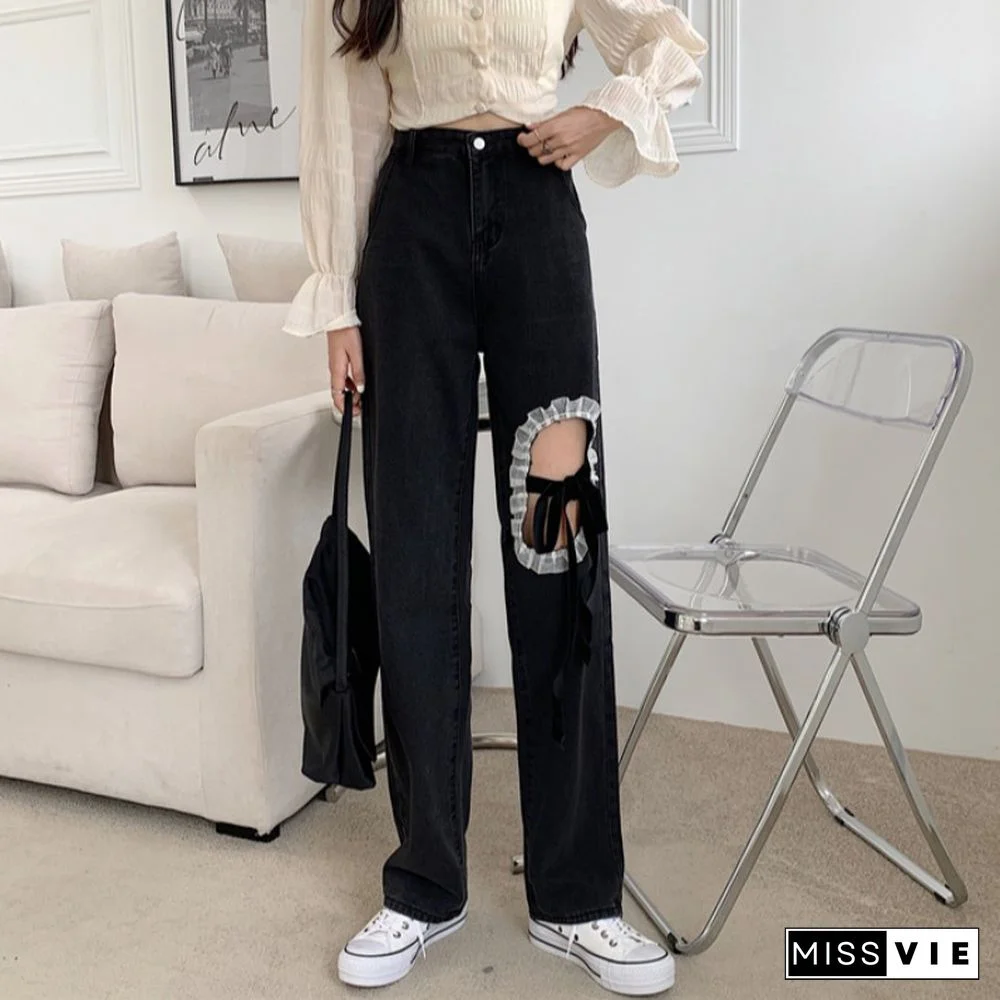 Chic Lace Up Wide Leg Denim Pants