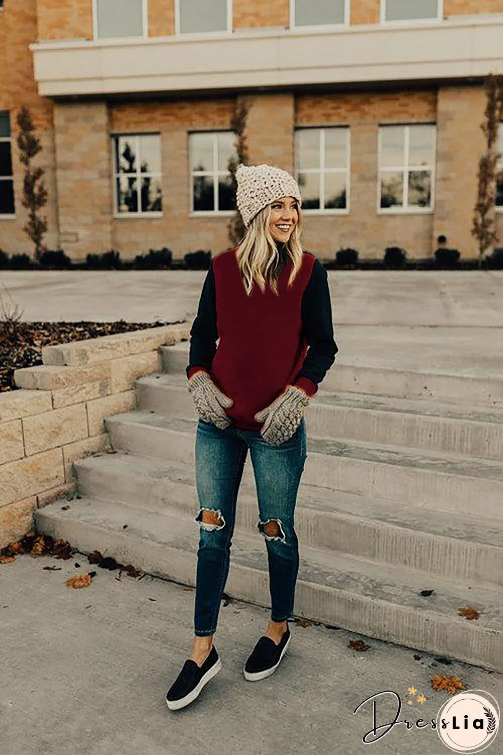 Red Long Sleeve Round Neck Stitching Top