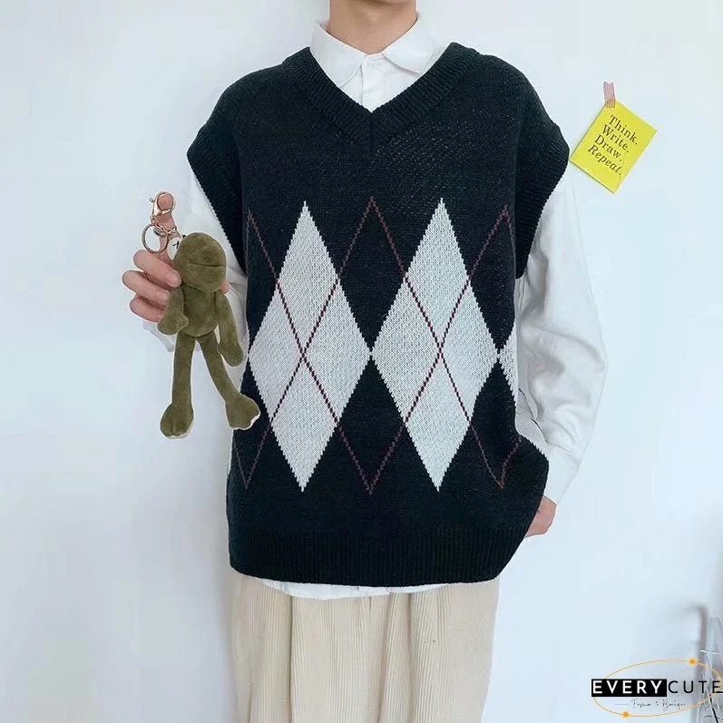 Sweater Vest Men Patchwork V-neck Sleeveless Sweaters Chic Preppy Style Side-Slit Couples Teens Waistcoat Retro High Quality New