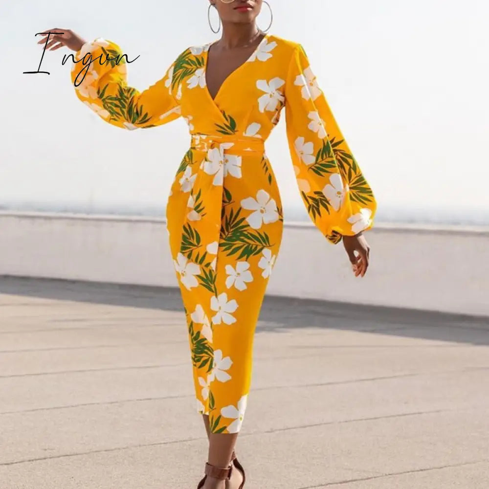 Ingvn - Yellow Printed Dress V Neck White Flower Long Lantern Sleeve Bodycon High Waist Women