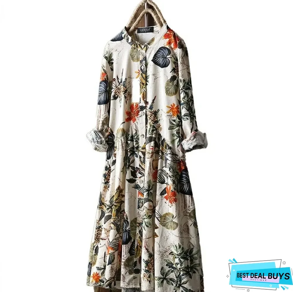 Fashion Flower Print Round Neck Long Sleeve Casual Maxi Dress