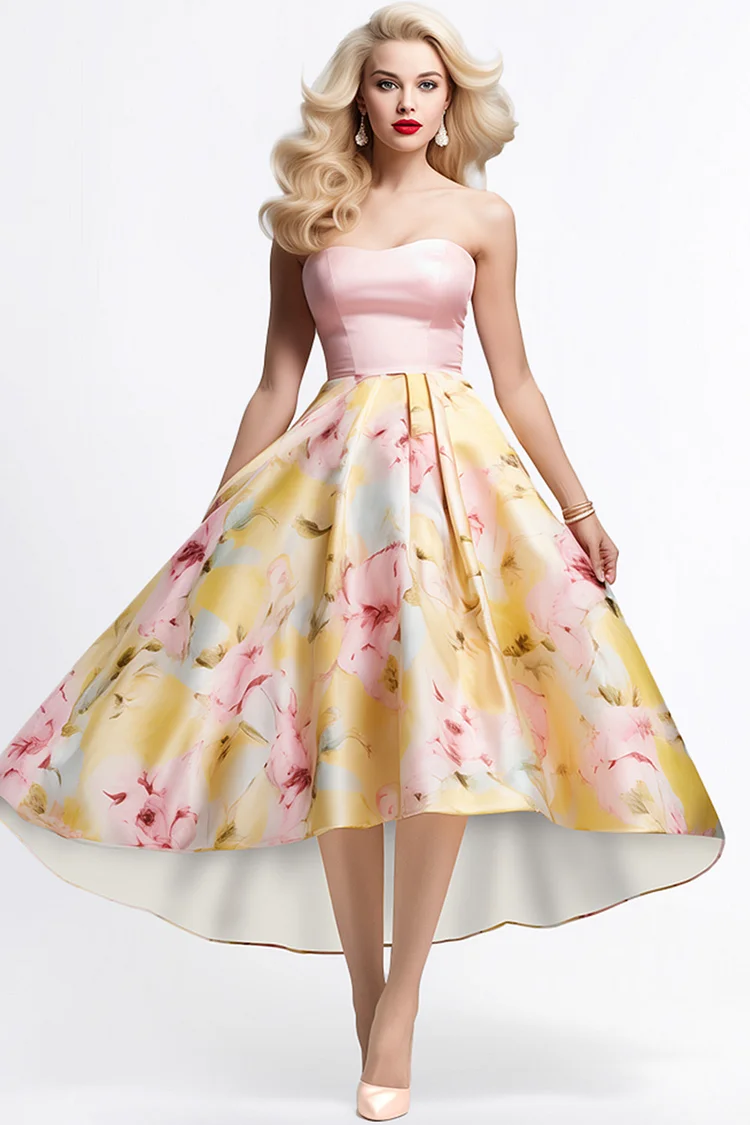 Zaruci Cocktail Multicolor Satin Floral Print Strapless Midi Dress [Pre-Order]