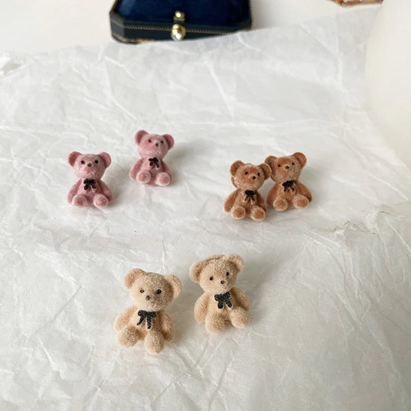 New Korean Kawaii Funny Plush Small Stud Earrings Cute Bow Bear Statement Dainty Earring Fashion Jewelry 2021