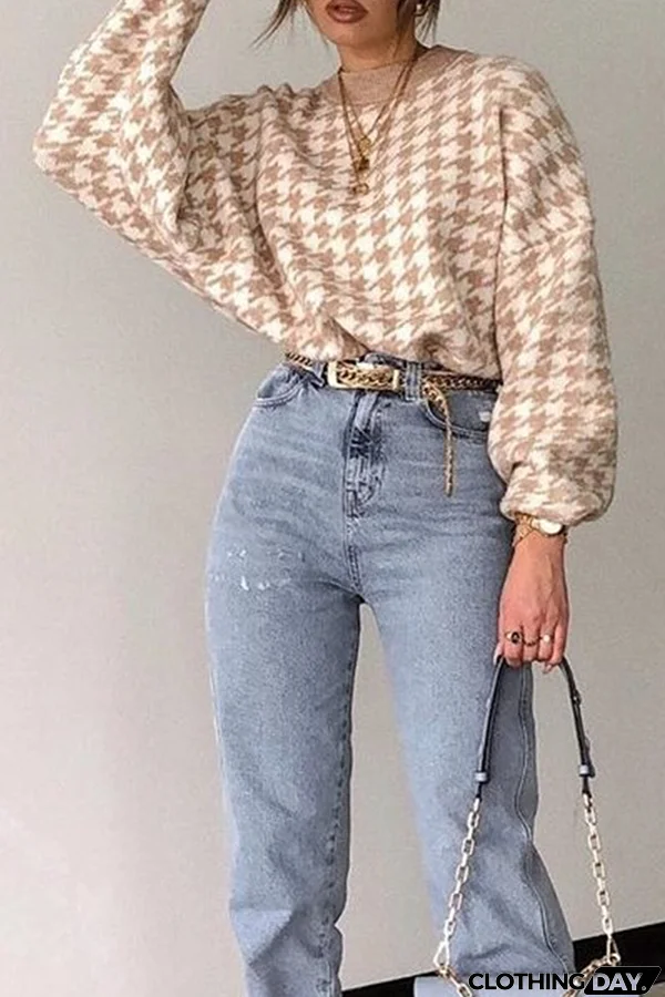 Fashion Street Geometric Patchwork Contrast O Neck Sweater(3 Colors)