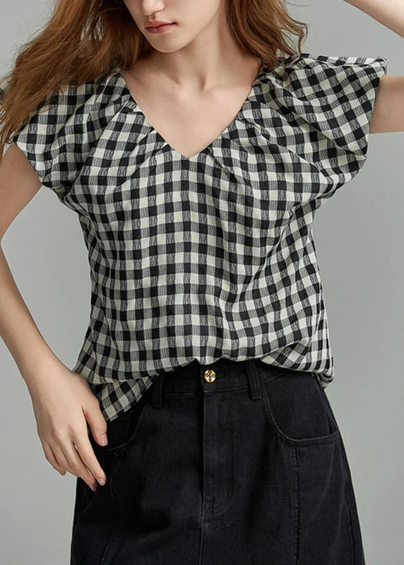Vintage Plus Size Black V Neck Plaid Shirt Short Sleeve