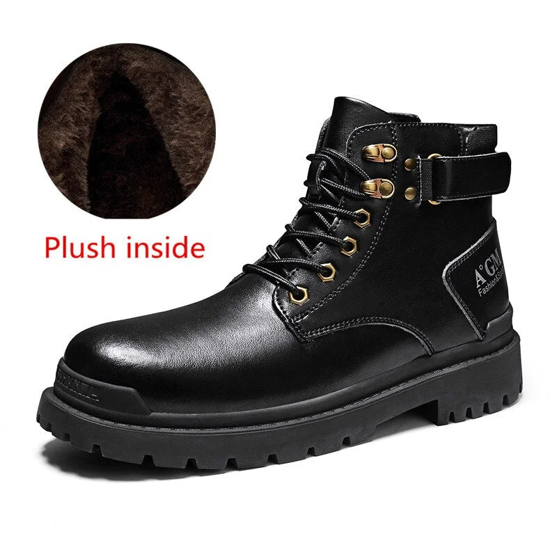 Motorcycle Winter Mens Shoes Thick Plush Warm Men Snow Boots Waterproof Male Ankle Boots Outdoor Non-slip Hiking Boots Work