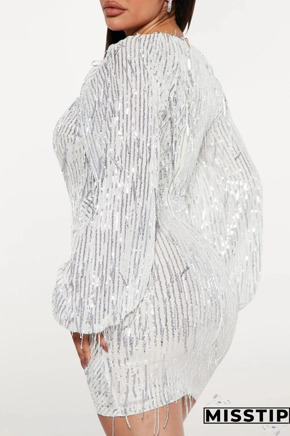 Black Casual Patchwork Tassel Sequins V Neck Long Sleeve Dresses