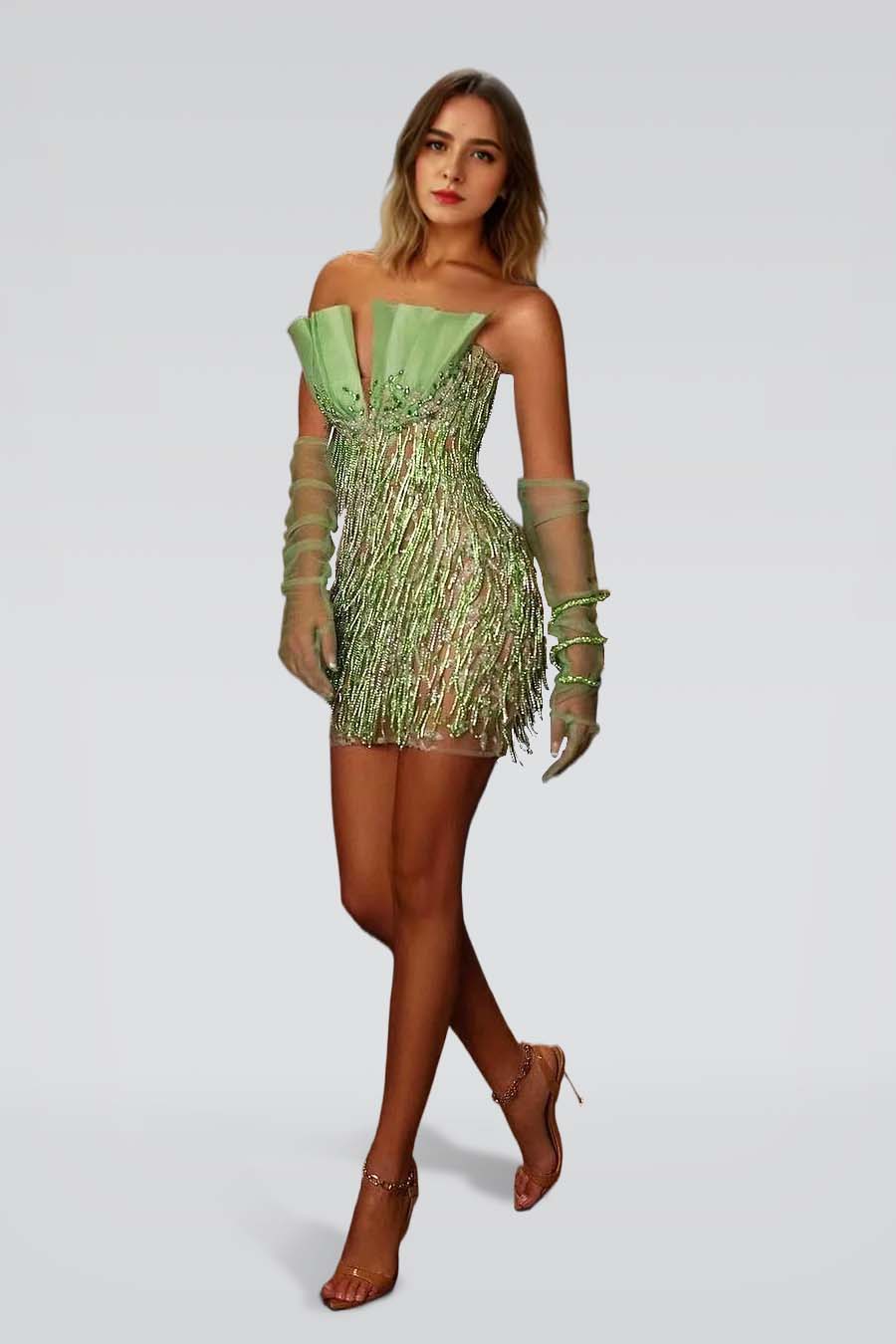  Modern Green Strapless long sleeves Off-the-shoulder Beads Mermaid Prom Dress with V Neck YL0006