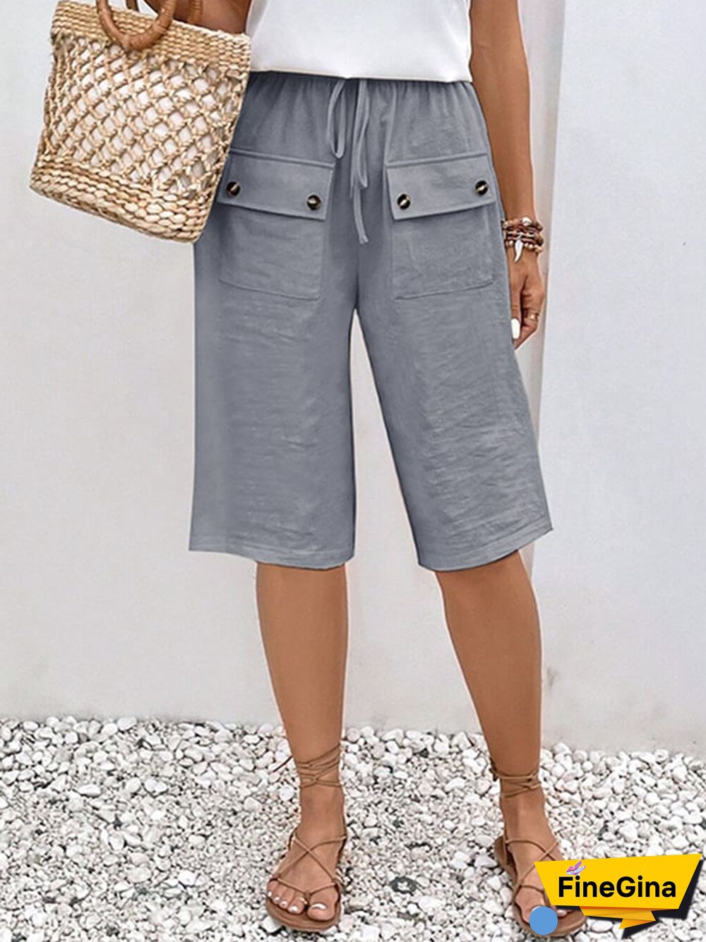 Solid Color Double Pocket Lace Loose Casual Cropped Pants