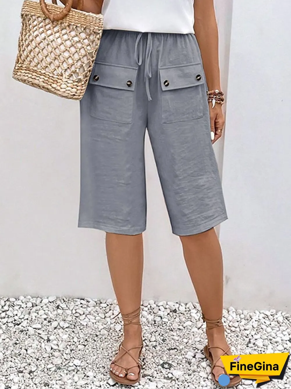 Solid Color Double Pocket Lace Loose Casual Cropped Pants