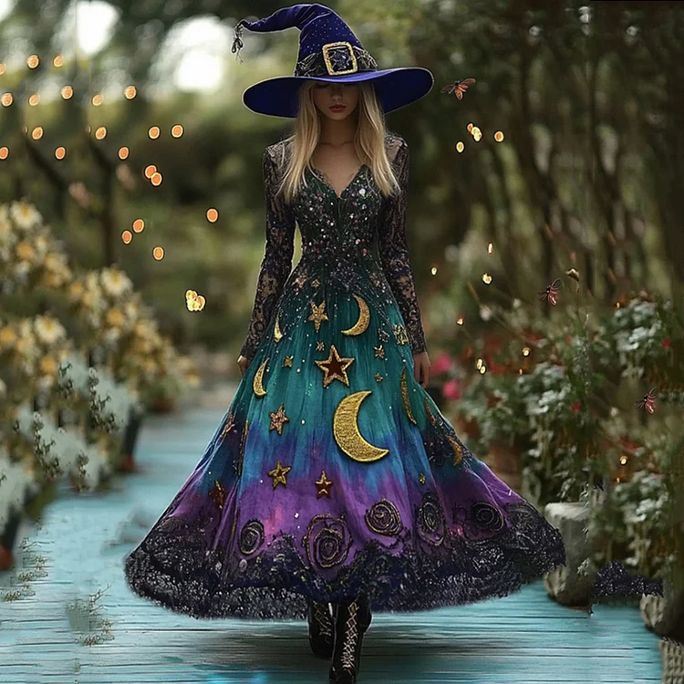 Women's Halloween Gradient Tarot Star Moon Design Witch Maxi Dress