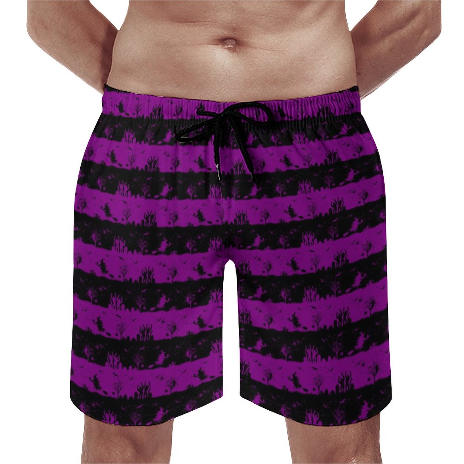 Zombie Purple And Black Halloween Nightmare Stripe | Mens Swim Trunks Quick Dry Swim Shorts With Mesh Lining | Cool Casual Beer Swim Trunks With Pockets For Vacation Resort