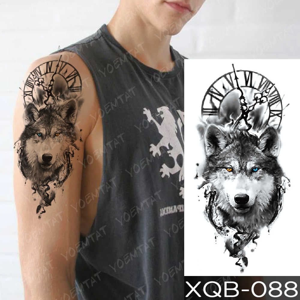 Waterproof Temporary Tattoo Sticker Clock Orange Blue Eyes Wolf Flash Tattoos Lion Compass Body Art Arm Fake Tatoo Women Men