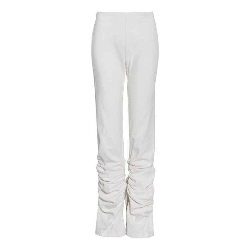 Toloer White Corduroy Flare Pants For Women High Waist Casual Ruched Loose Straight Trouser Female Fashion New Clothing