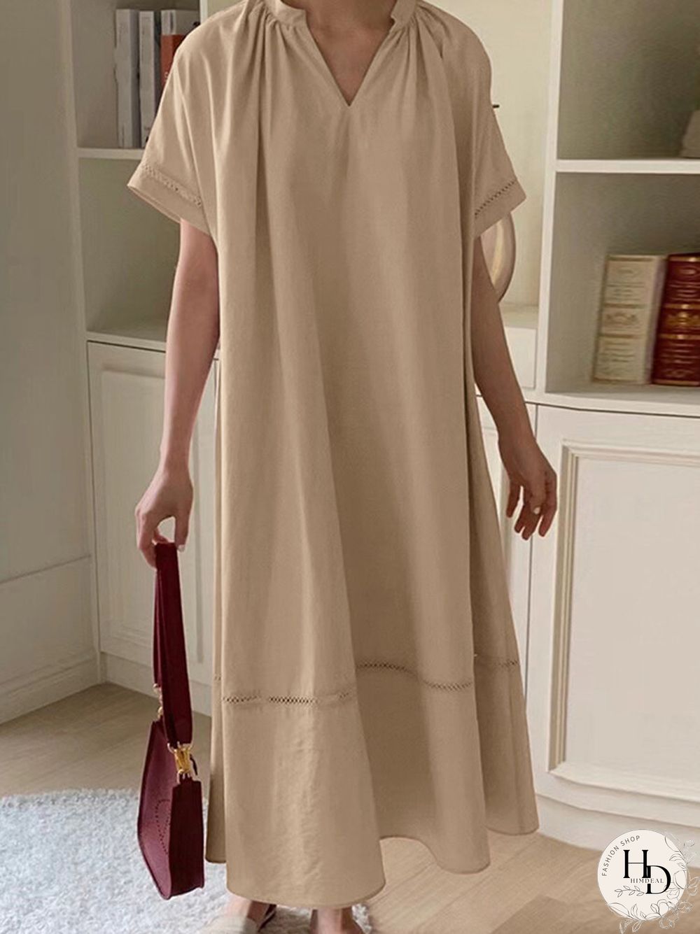 Solid Color Stitching Pleated V Neck Loose Dress