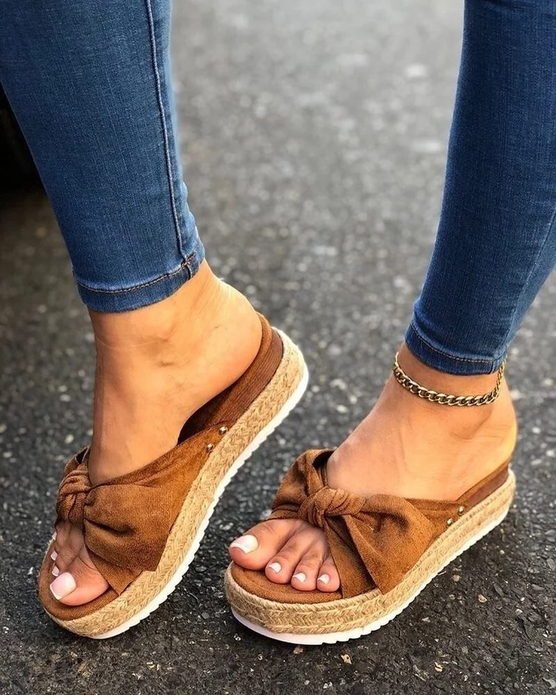 2020 Women Summer Sandals Mid Heels Pumps Plus Size Wedges Shoes Woman Sweet Bowties Slippers Sandalias Mujer Sapato Feminino