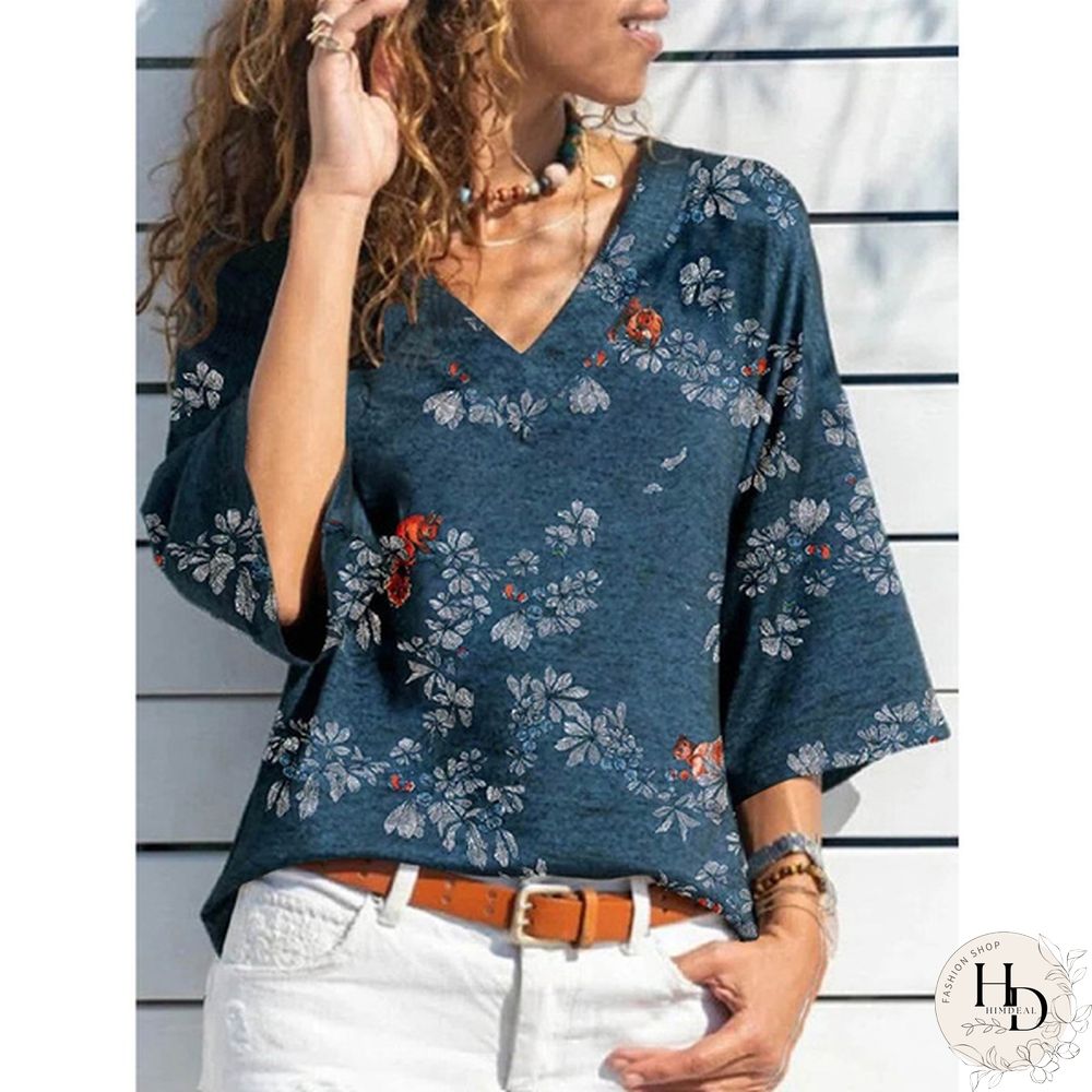Women Fashion V Neck Autumn Tops Casual Floral Printed Three-quarter Sleeve Shirt Summer Loose T-shirt Spring Blouses