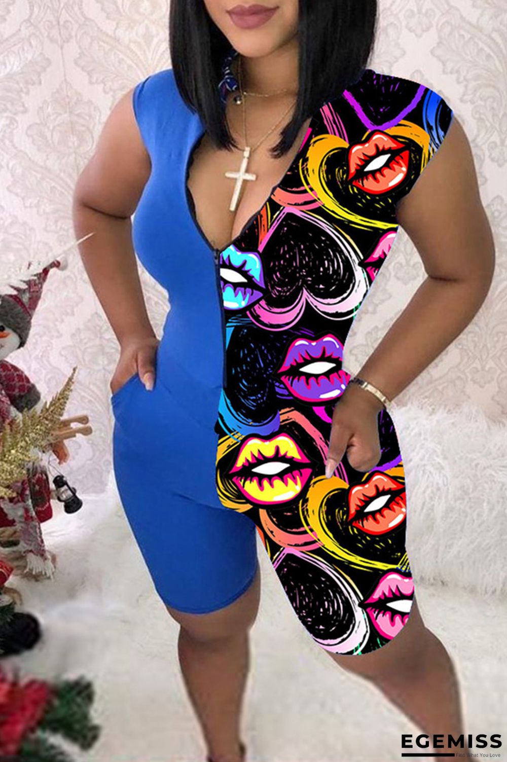 Blue Fashion Casual Print Patchwork Zipper Collar Skinny Romper | EGEMISS