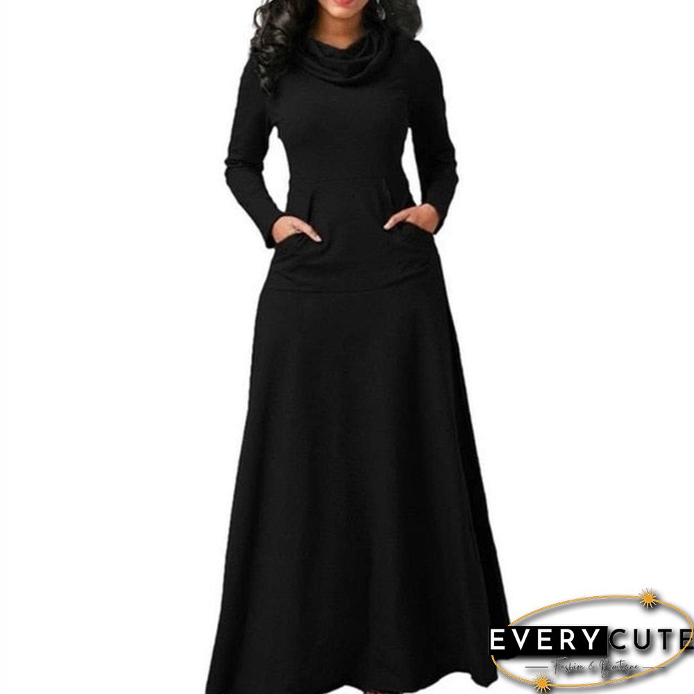 Women Warm Dress With Pocket Casual Solid Vintage Autumn Winter Maxi Dress Robe Bow Neck Long Elegant Dress