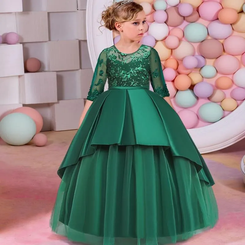 2021 Summer Long Sleeve Flower Girl Dress Elegant Kids Dresses For Girls Party And Wedding Bridesmaid Princess Dress 10 12 Years