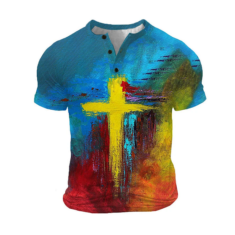 BrosWear Oil Painting Jesus Cross Henry Collar T-Shirt