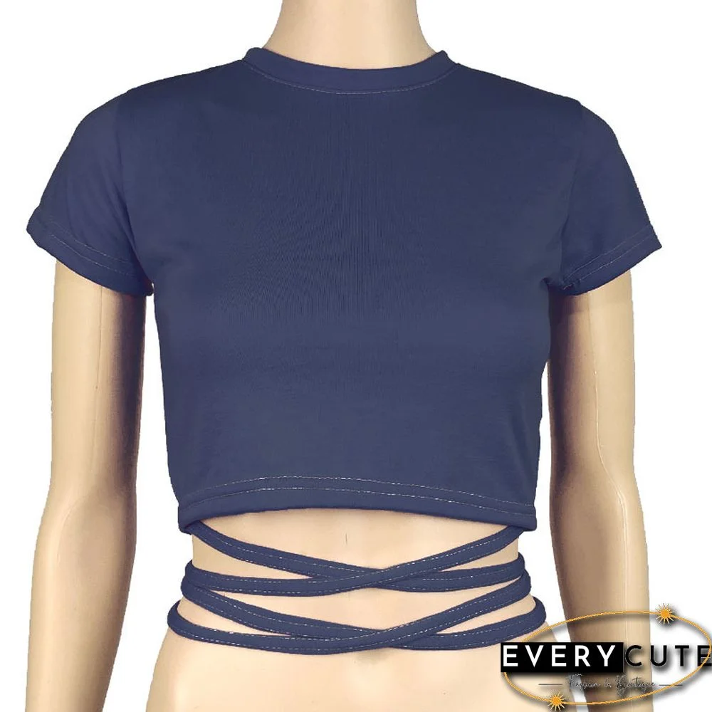 New O Neck Solid Tshirt Women Summer Cross Bandage Tee Sexy Short Sleeve Camisole Casual Tank Top Fashion Female Crop Tops Shirt