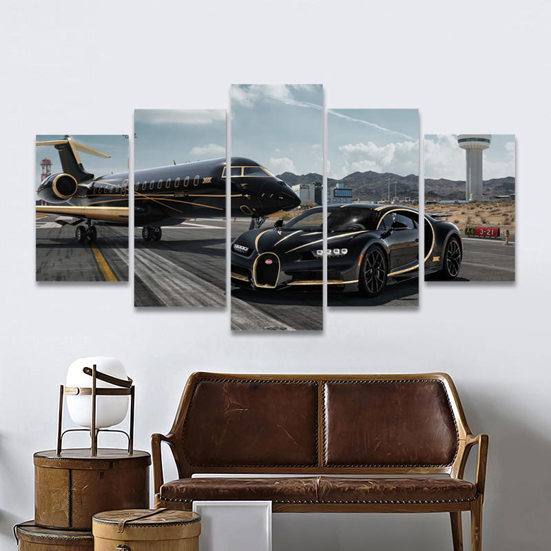 No Framed Bugatti Chiron Car Airplane 5Pcs Wall Art Canvas Posters Painting for Living Room Home Decor Picture Decoration