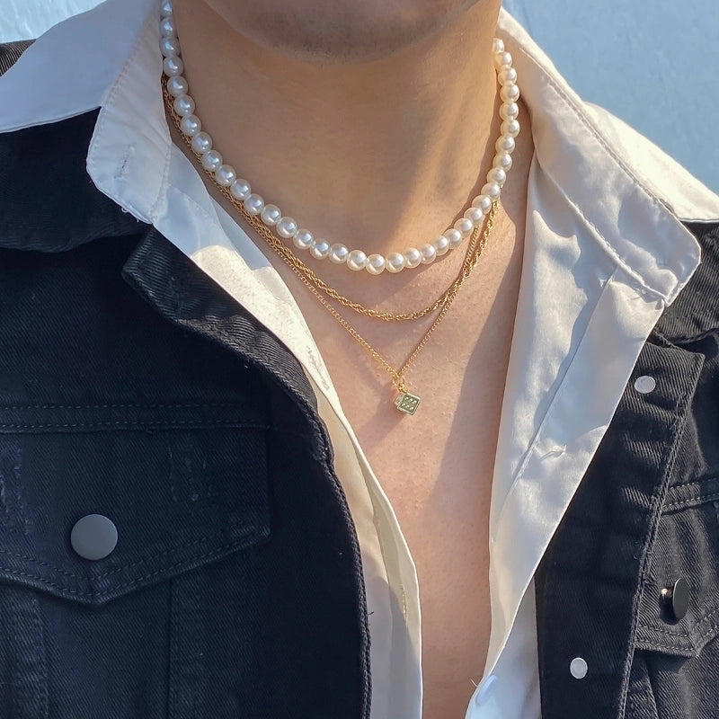 Jewelry Casual Round Dice Imitation Pearl Alloy Iron Beaded Chain Layered Necklaces