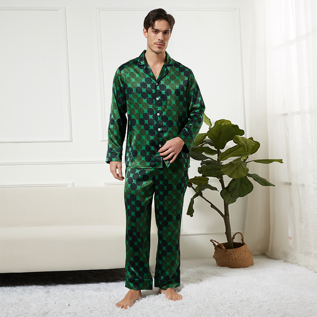 Polka Dot Green Silk Pajamas For Men REAL SILK LIFE
