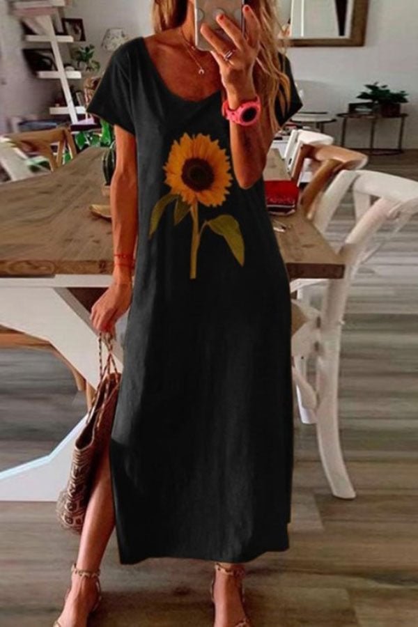 Sunflower Print Sweet Split Maxi Dress