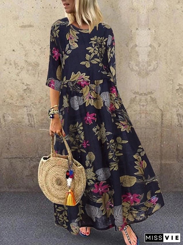 Women's Shift Dress Maxi Long Dress Red Navy Blue Yellow Half Sleeve Floral Print Spring Summer Round Neck Casual