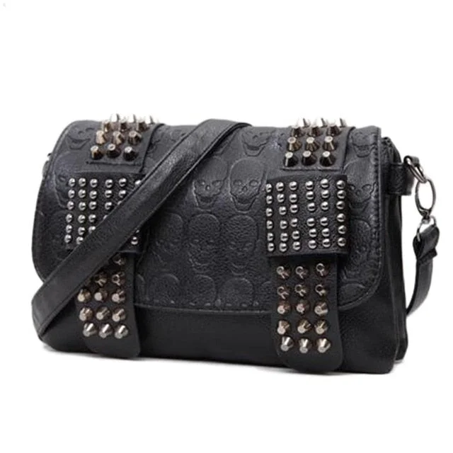 New Punk Women Black Leather Messenger Top Handle Crossbody Bags Fashion Vintage Skull Rivets Shoulder Bags Sac A Main Bolsa