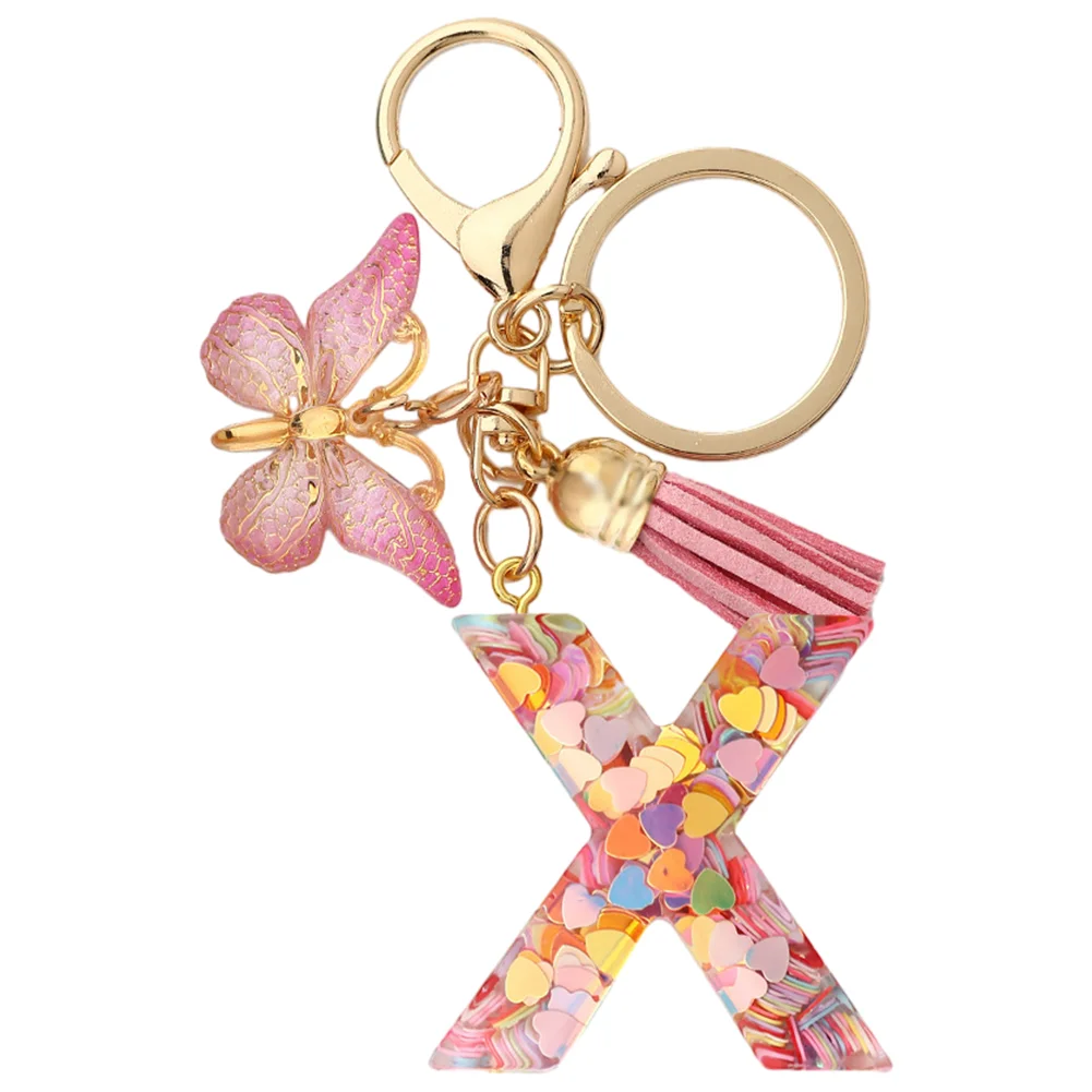 Resin Initial Letter Keychains Alphabet Letter Keychain Pink Tassel Butterfly Key Ring