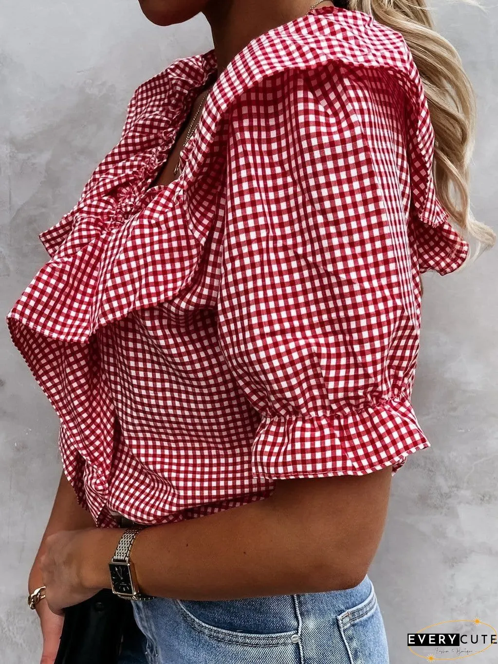 Layered Plaid Short Sleeve V-Neck Lotus Leaf Blouses