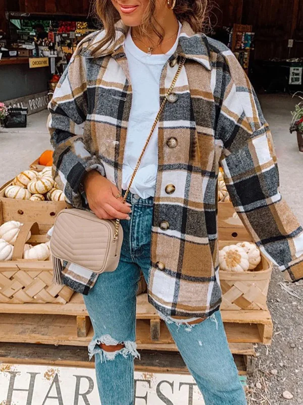 Women's Check Print Long Sleeve Casual Jacket Flusfy
