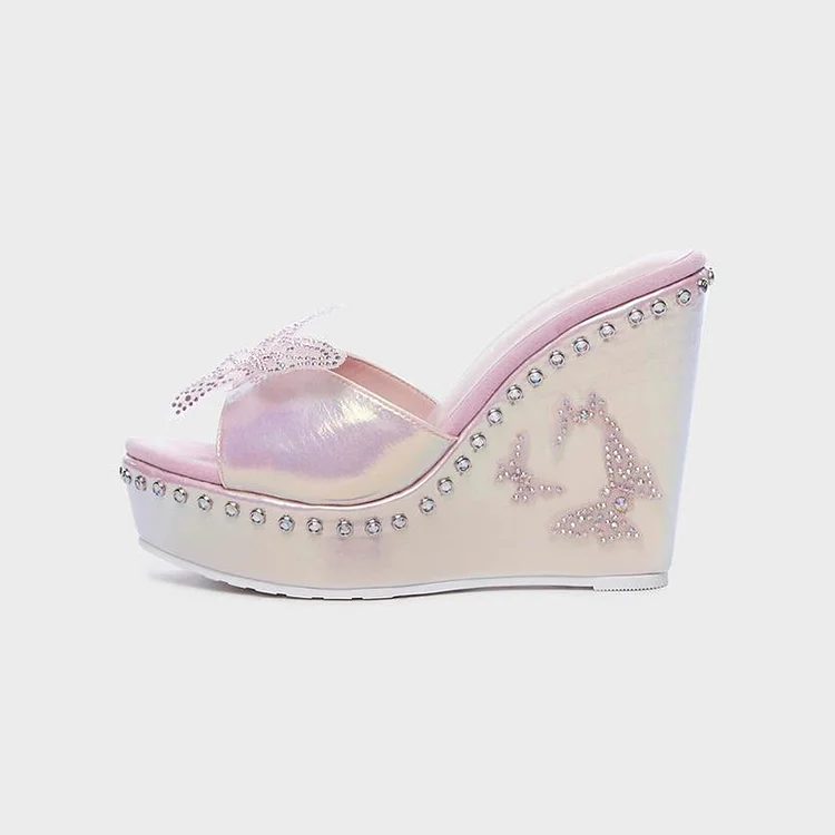 Pink Holographic Wedge Heel Butterfly Platform Mules for Women |FSJ Shoes