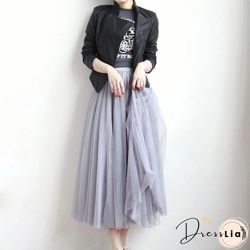 Three-Layer Fashion Tulle Skirts Women Summer Elastic High Waist Long Mesh Skirt Maxi Pleated Skirt