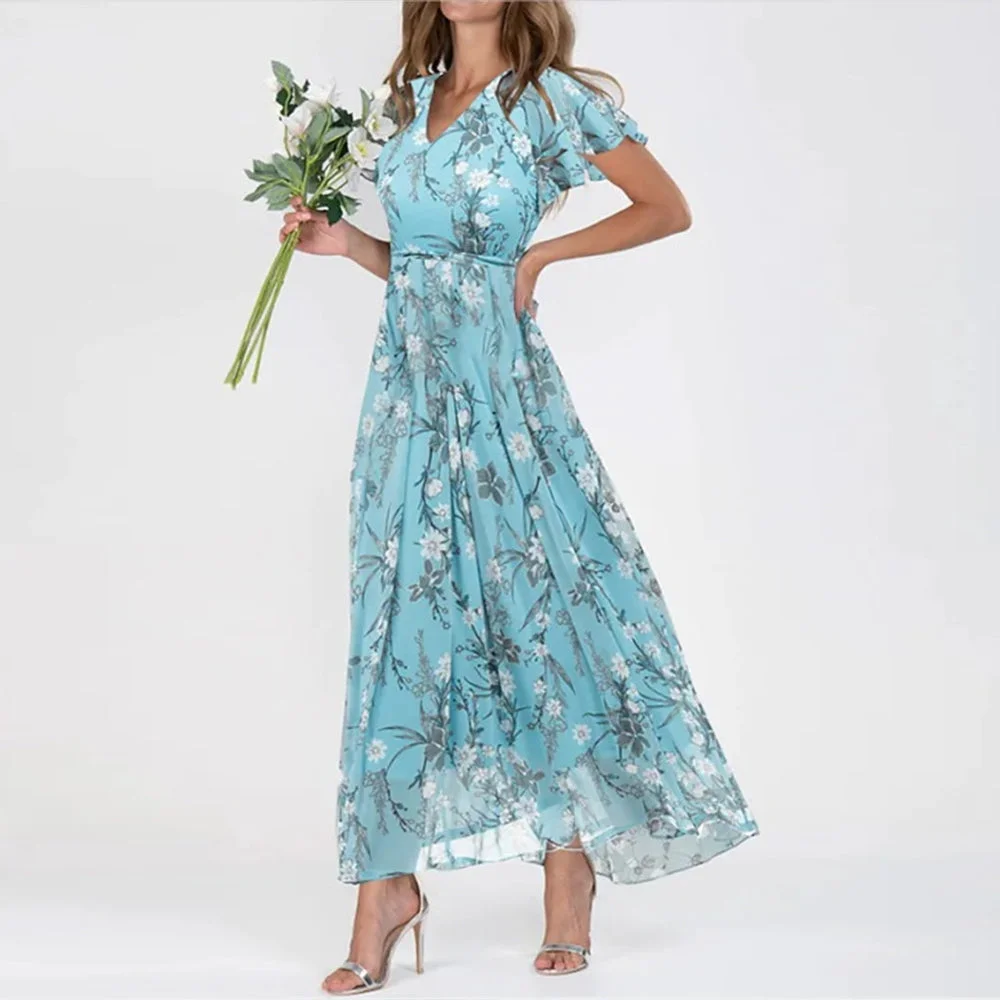 Turquoise Skies Blue Garden Print Short Sleeve Maxi Dress