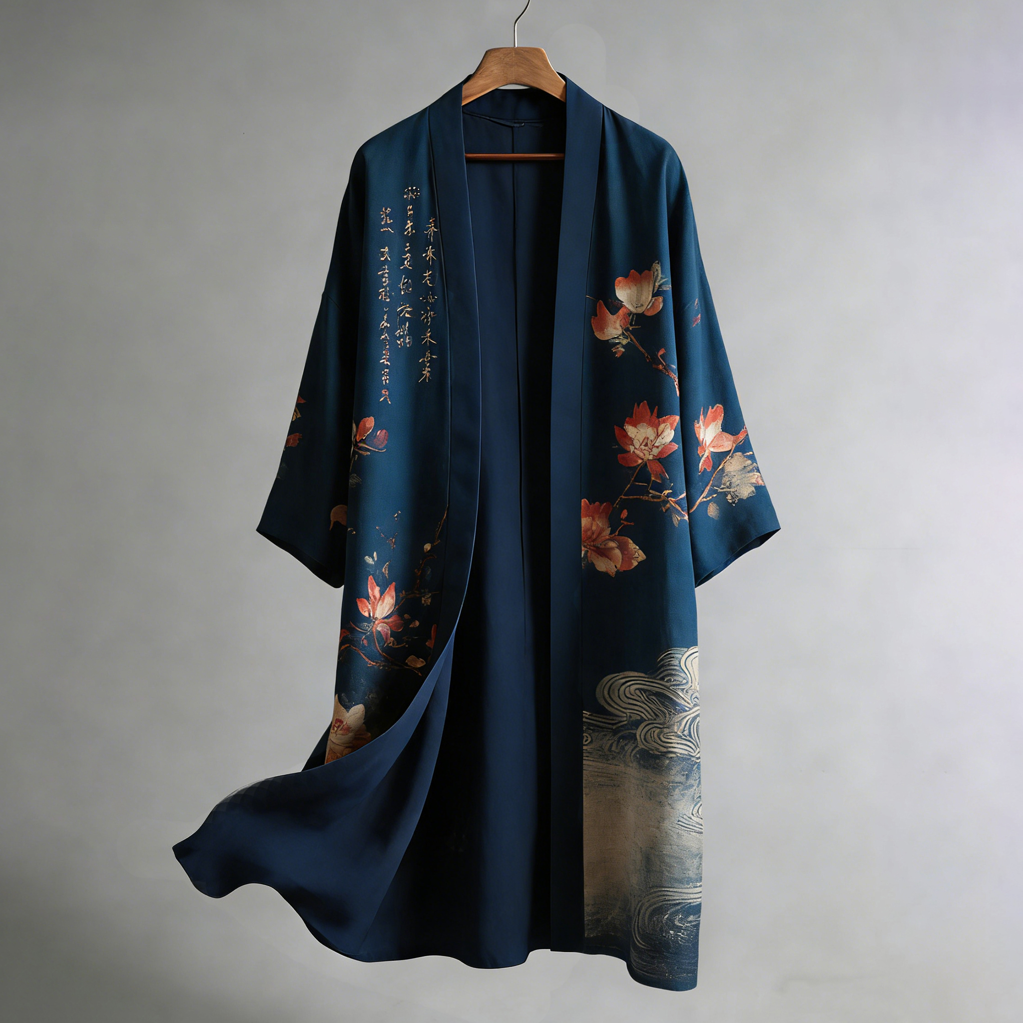 Japanese Floral And Calligraphy Pattern Linen Blend Long Kimono  artssus