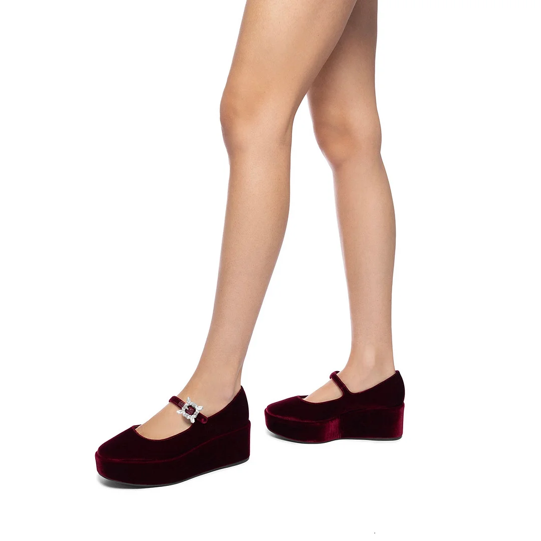 Maroon Velvet Rhinestone Buckle Strap Mary Jane Pumps with Wedge Heel