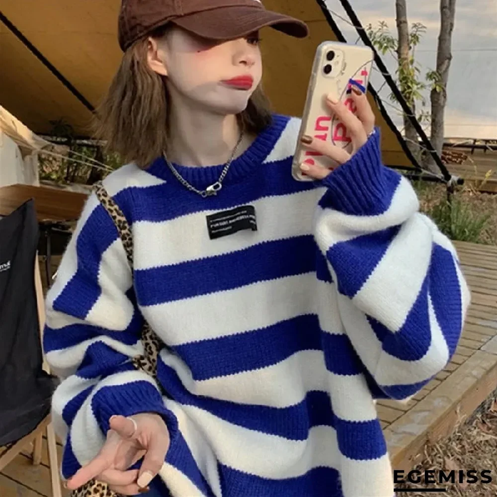 Blue Stripe Loose Retro Japanese Lazy Sweater | EGEMISS